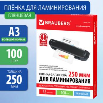 Пленки-заготовки для ламинирования БОЛЬШОГО ФОРМАТА, А3, КОМПЛЕКТ 100 шт., 250 мкм, BRAUBERG, 531779 - Премиум Сервис