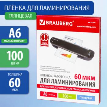Пленки-заготовки для ламинирования МАЛОГО ФОРМАТА, А6, КОМПЛЕКТ 100 шт., 60 мкм, BRAUBERG, 531784 - Премиум Сервис
