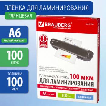 Пленки-заготовки для ламинирования МАЛОГО ФОРМАТА, А6, КОМПЛЕКТ 100 шт., 100 мкм, BRAUBERG, 531785 - Премиум Сервис