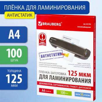 Пленки-заготовки для ламинирования АНТИСТАТИК, А4, КОМПЛЕКТ 100 шт., 125 мкм, BRAUBERG, 531794 - Премиум Сервис
