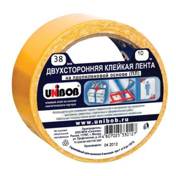 Клейкая двухсторонняя лента 38 мм х 10 м, ПОЛИПРОПИЛЕНОВАЯ ОСНОВА, UNIBOB, 38566 - Премиум Сервис