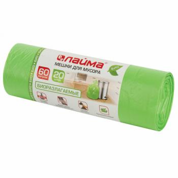 Мешки для мусора биоразлагаемые 60 л зеленые в рулоне 20 шт. прочные, ПНД 15 мкм, 60х70 см, LAIMA, 601401 - Премиум Сервис