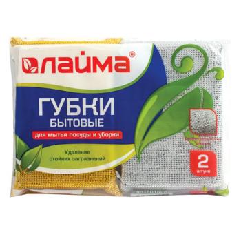Губки бытовые, 28х115х78 мм, КОМПЛЕКТ 2 шт., поролон в металлизированной оплетке, LAIMA, К1011, 601592 - Премиум Сервис