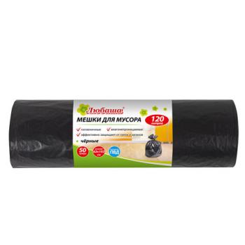 Мешки для мусора 120 л черные в рулоне 50 шт., ПВД 25 мкм, 62х102 см, ЛЮБАША эконом, 605335 - Премиум Сервис