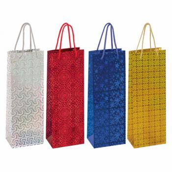 Пакет подарочный для бутылки 13x8,5x36 см, ЗОЛОТАЯ СКАЗКА голография, ассорти 4 цвета, 606608 - Премиум Сервис