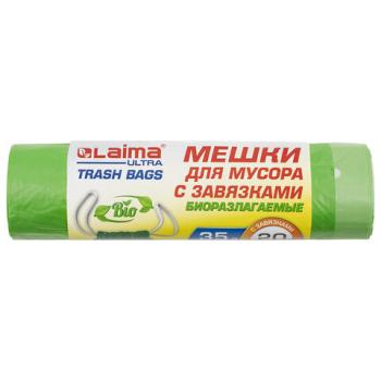 Мешки для мусора биоразлагаемые с завязками LAIMA "ULTRA" 35 л, рулон 20 шт., прочные, ПНД 14 мкм, 50х60 см, 607688 - Премиум Сервис