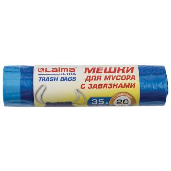 Мешки для мусора с завязками LAIMA "ULTRA" 35 л, синие, рулон 20 шт., особо прочные, ПВД 20 мкм, 50х60 см, 607689 - Премиум Сервис