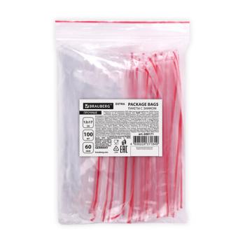 Пакеты ZIP LOCK "зиплок" ПРОЧНЫЕ, комплект 100 шт., 12х17 см, ПВД, 60 мкм, BRAUBERG EXTRA, 608171 - Премиум Сервис