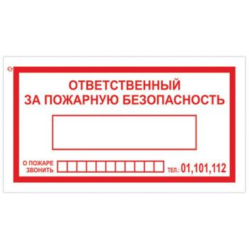 Знак вспомогательный "Ответственный за пожарную безопасность", прямоугольник, 250х140 мм, самоклейка, 610049/В 43 - Премиум Сервис