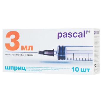 Шприц 3-х компонентный PASCAL, 3 мл, КОМПЛЕКТ 10 шт., в коробке, игла 0,7х40 - 22G, 120307 - Премиум Сервис