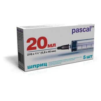Шприц 3-х компонентный PASCAL, 20 мл КОМПЛЕКТ 5 шт. в коробке, игла 0,8х40 - 21G, ш/, 120608 - Премиум Сервис