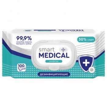Дезинфицирующие салфетки спиртовые 100 штук SMART MEDICAL, крышка-клапан, 72029 - Премиум Сервис