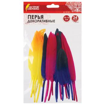 Перья декоративные прямые, 10-15 см, 24 шт., 6 цветов, двухцветные, ассорти, ОСТРОВ СОКРОВИЩ, 661381 - Премиум Сервис