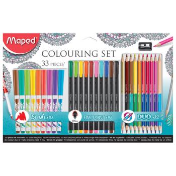 Набор для творчества MAPED "Colouring Set", 10 фломастеров, 10 капиллярных ручек, 12 двусторонних цветных карандашей, точилка, 897417 - Премиум Сервис