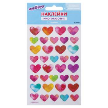 Наклейки гелевые "Сердца", многоразовые, с блестками, 10х15 см, ЮНЛАНДИЯ, 661830 - Премиум Сервис