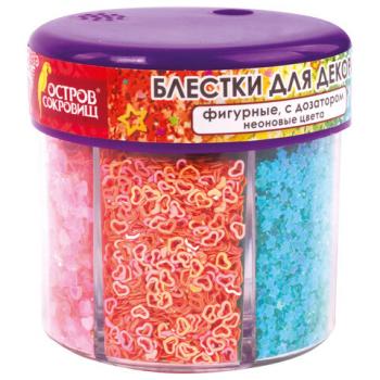Блестки для декора, поделок, DIY, творчества, оформления, ФИГУРНЫЕ, ОСТРОВ СОКРОВИЩ, НЕОН, диспенсер с дозатором, 6 цветов по 9 г, 662226 - Премиум Сервис