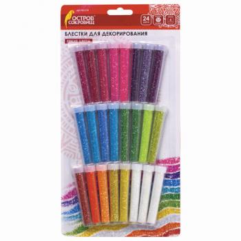 Блестки (глиттер) для декора, поделок, DIY, творчества, оформления, ОСТРОВ СОКРОВИЩ, НАБОР 24 цвета по 4 грамма, блистер, 662230 - Премиум Сервис