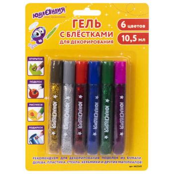 Гель с блестками ЮНЛАНДИЯ, для декора, поделок, DIY, творчества, оформления, 6 ярких цветов по 10,5 мл, блистер, 662249 - Премиум Сервис