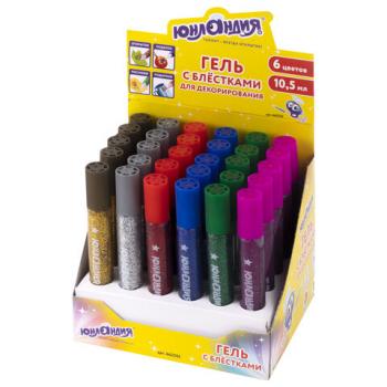 Гель с блестками ЮНЛАНДИЯ, для декора, поделок, DIY, творчества, оформления, 10,5 мл, цвета ассорти, в дисплее, 662252 - Премиум Сервис