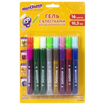 Гель с блестками ЮНЛАНДИЯ, для декора, поделок, DIY, творчества, оформления, 16 цветов ассорти по 10,5 мл, блистер, 662255 - Премиум Сервис