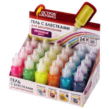 Гель с блестками ОСТРОВ СОКРОВИЩ, для декора, поделок, DIY, творчества, оформления, 20 мл, НЕОН, цвета ассорти, в дисплее, 662261 - Премиум Сервис