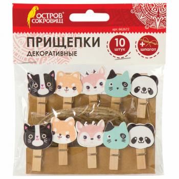 Прищепки декоративные "Забавные животные", 10 штук, 3,5 см, ассорти, со шпагатом, ОСТРОВ СОКРОВИЩ, 662672 - Премиум Сервис