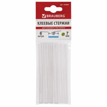 Клеевые стержни, диаметр 7 мм, длина 100 мм, белые, комплект 6 штук, BRAUBERG, европодвес, 670297 - Премиум Сервис