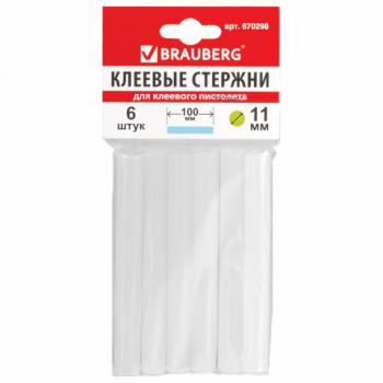 Клеевые стержни, диаметр 11 мм, длина 100 мм, белые, комплект 6 штук, BRAUBERG, европодвес, 670298 - Премиум Сервис