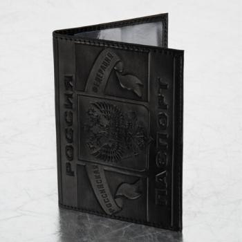 Обложка для паспорта натуральная кожа краст, герб РФ + "ПАСПОРТ РОССИЯ", черная, BRAUBERG, 238209 - Премиум Сервис