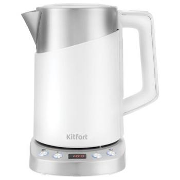 Чайник KITFORT КТ-660-1, 1,7 л, 2200 Вт, закрытый нагревательный элемент, ТЕРМОРЕГУЛЯТОР, двойные стенки, белый - Премиум Сервис