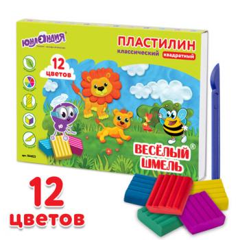 Пластилин классический ЮНЛАНДИЯ "ВЕСЁЛЫЙ ШМЕЛЬ", 12 цветов, 204 г, СО СТЕКОМ, КВАДРАТНЫЙ, 104823 - Премиум Сервис