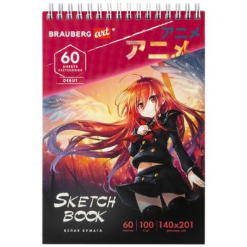 Скетчбук, белая бумага 100 г/м2, 140х201 мм, 60 л., гребень, жёсткая подложка, BRAUBERG ART, "Аниме", 115061 - Премиум Сервис