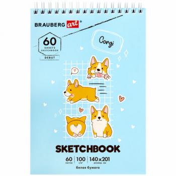 Скетчбук, белая бумага 100 г/м2, 140х201 мм, 60 л., гребень, жёсткая подложка, BRAUBERG ART, "Корги", 115064 - Премиум Сервис