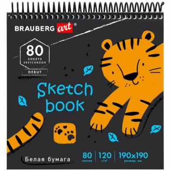Скетчбук, белая бумага 120 г/м2, 190х190 мм, 80 л., гребень, жёсткая подложка, BRAUBERG ART, "Тигрр", 115068 - Премиум Сервис