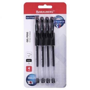 Ручки гелевые с грипом BRAUBERG "EXTRA GT", ЧЕРНЫЕ, НАБОР 4 штуки, стандартный наконечник 0,5 мм, линия 0,35 мм, 143924 - Премиум Сервис
