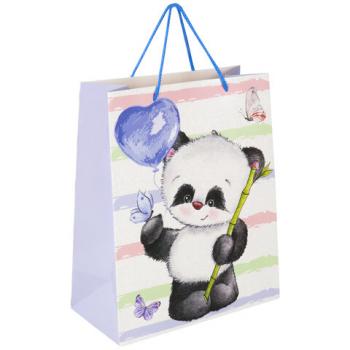 Пакет подарочный (1 штука) 26x13x32 см, ЗОЛОТАЯ СКАЗКА "Lovely Panda", глиттер, белый с голубым, 608241 - Премиум Сервис