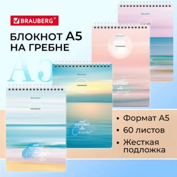 Блокнот А5 (146х206 мм), 60 л., гребень, картон, жесткая подложка, клетка, BRAUBERG, "Ocean", 114370 - Премиум Сервис