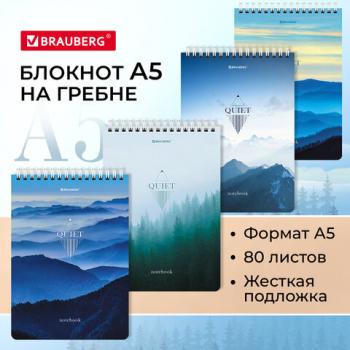 Блокнот А5 (146х206 мм), 80 л., гребень, картон, жесткая подложка, клетка, BRAUBERG, "Безмятежность", 114380 - Премиум Сервис