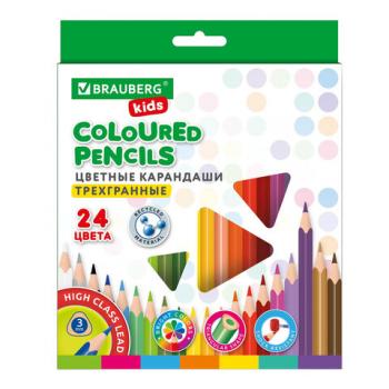 Карандаши цветные BRAUBERG KIDS, 24 цвета, трехгранный корпус, грифель мягкий 3 мм, 181944 - Премиум Сервис