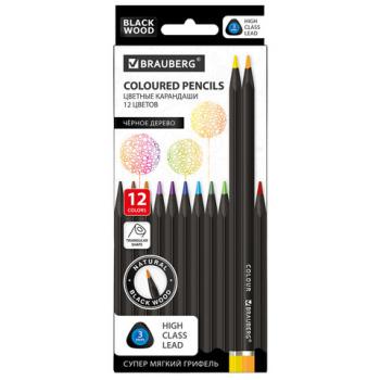 Карандаши цветные чёрное дерево BRAUBERG BLACK WOOD, 12 цветов, трехгранный корпус, грифель мягкий 3 мм, 181948 - Премиум Сервис