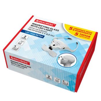 Лупа налобная с LED ПОДСВЕТКОЙ, 5 сменных линз 95х33 мм, увеличение 1,0 - 3,5, BRAUBE, 455929 - Премиум Сервис