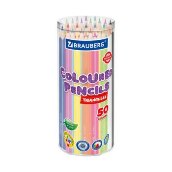 Карандаши цветные BRAUBERG PREMIUM 50 цветов, трехгранный корпус, мягкий грифель 3,3 мм, упаковка пластиковая туба, 181935 - Премиум Сервис