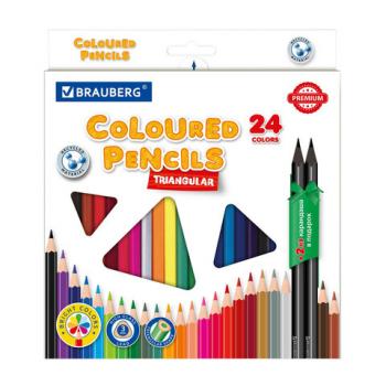 Карандаши цветные пластиковые BRAUBERG PREMIUM 24 цвета + 2 чернографитных карандаша, трехгранный корпус, грифель 3 мм, 181937 - Премиум Сервис