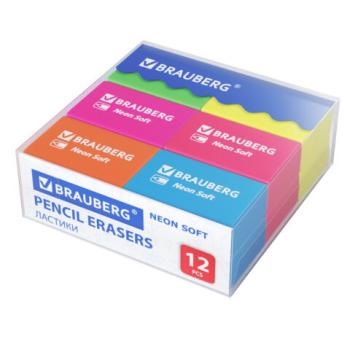 Ластики BRAUBERG NEON SOFT НАБОР 12 штук, размер ластика 31*20*10мм, экологичный ПВХ, 271339 - Премиум Сервис