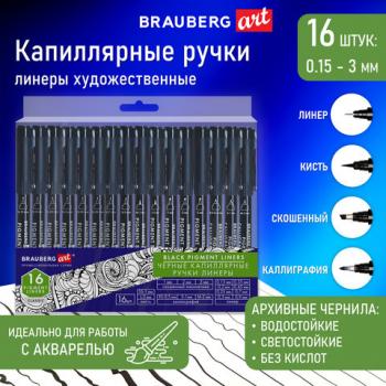 Капиллярные ручки линеры 16 шт черные, BRAUBERG ART CLASSIC, XXXXXX - Премиум Сервис