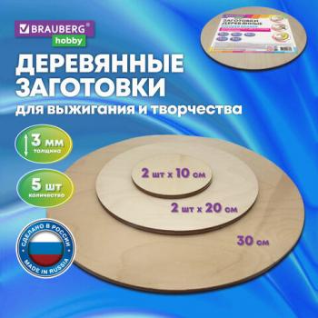 Доски деревянные круглые для творчества 5 шт., диаметр: 10-20-30 см, BRAUBERG HOBBY, - Премиум Сервис
