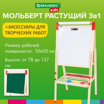 Мольберт растущий 3в1 для мела/магнитно-маркерный 50х50 см, с рулоном для рисования, BRAUBERG KIDS, 238150 - Премиум Сервис