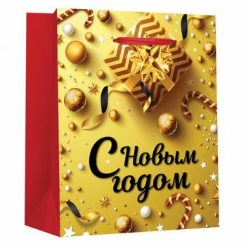 Пакет подарочный новогодний 26,5x12,7x33 см ЗОЛОТАЯ СКАЗКА "New Year" глиттер, красный/золото, 608229 - Премиум Сервис