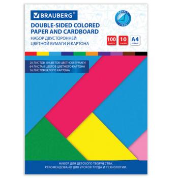 Набор картона и бумаги А4 ТОНИРОВАННЫЕ (белый 16л, цветной 64л, бумага 20л), BRAUBERG, 115091 - Премиум Сервис