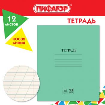Тетрадь ЗЕЛЁНАЯ обложка 12л, косая линия с полями, офсет №2 ЭКОНОМ, "ПИФАГОР", 106725 - Премиум Сервис